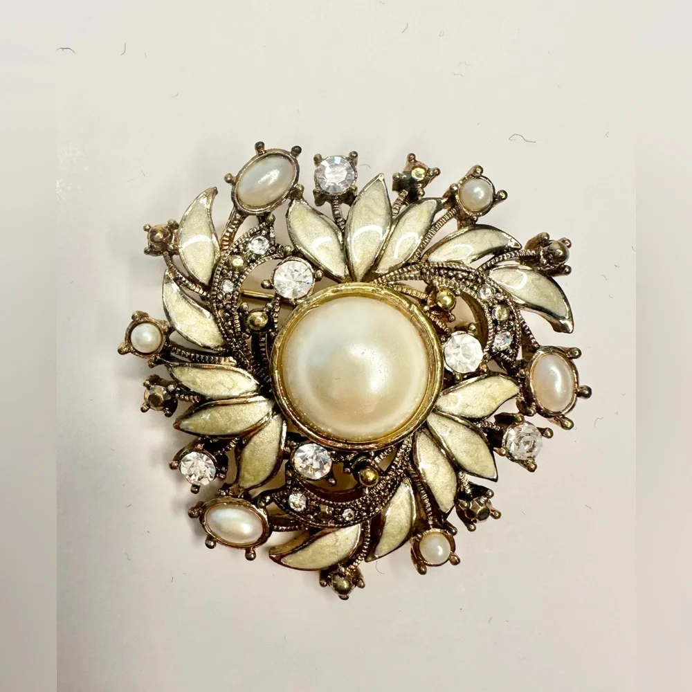Vintage Monet Faux Pearl Rhinestone Floral Brooch Gold Tone signed glamour